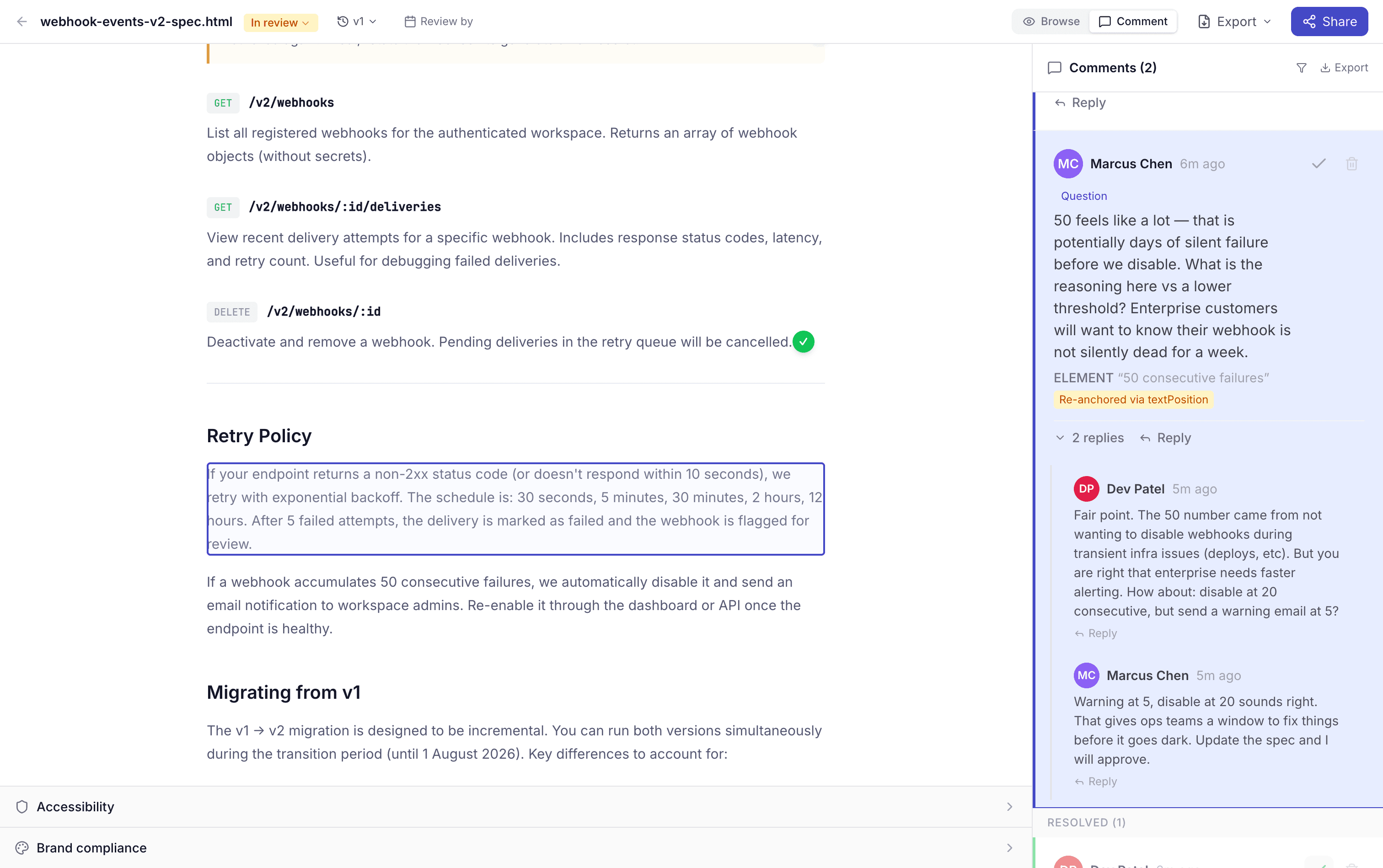 Sidenote threaded comment discussion showing structured feedback exchange between team members and AI agents